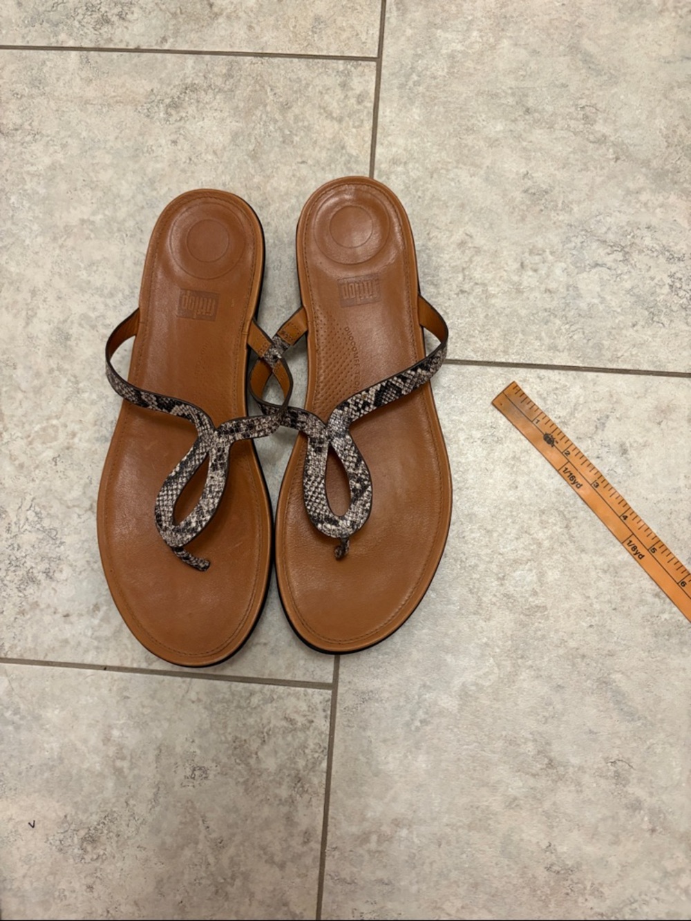 Fitflop Brown Leather Flat Sandals with Snake-Print Straps